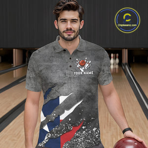 Gray Grunge Texas Flag Bowling Polo, Quarter Zip shirt for men Custom patriotic Team bowling jersey NQS10579