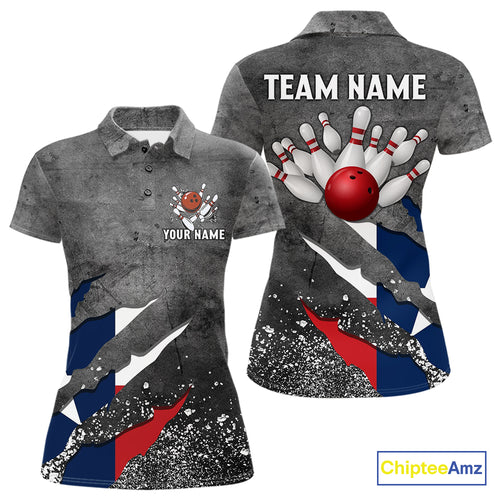 Gray Grunge Texas Flag Bowling Polo, Quarter Zip shirt for Women Custom patriotic Team bowling jersey NQS10579