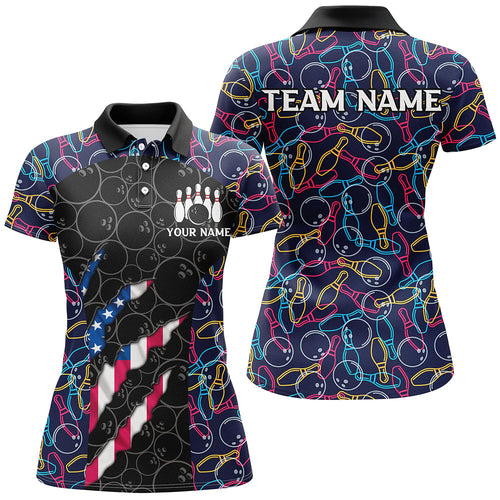 Personalized Bowling Camo American Flag Bowling Team Shirts For Women, Patriotic Bowler Outfits NQS8613