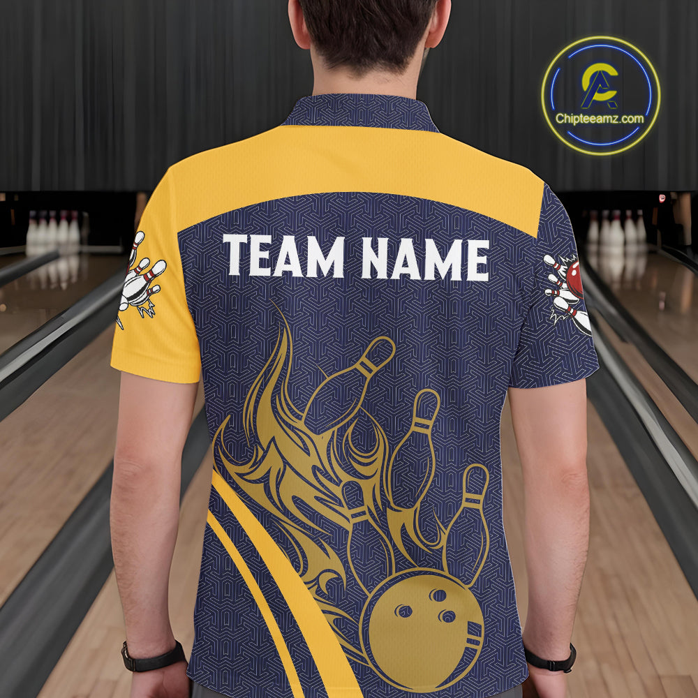 Blue and Yellow flame Bowling polo, 1/4 zip shirts for men custom Bowling team jerseys bowlers outfit NQS10983