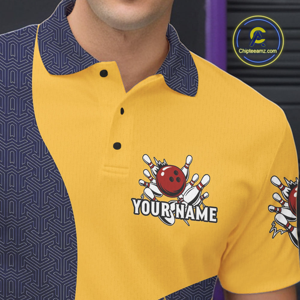 Blue and Yellow flame Bowling polo, 1/4 zip shirts for men custom Bowling team jerseys bowlers outfit NQS10983