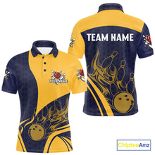 Load image into Gallery viewer, Blue and Yellow flame Bowling polo, 1/4 zip shirts for men custom Bowling team jerseys bowlers outfit NQS10983