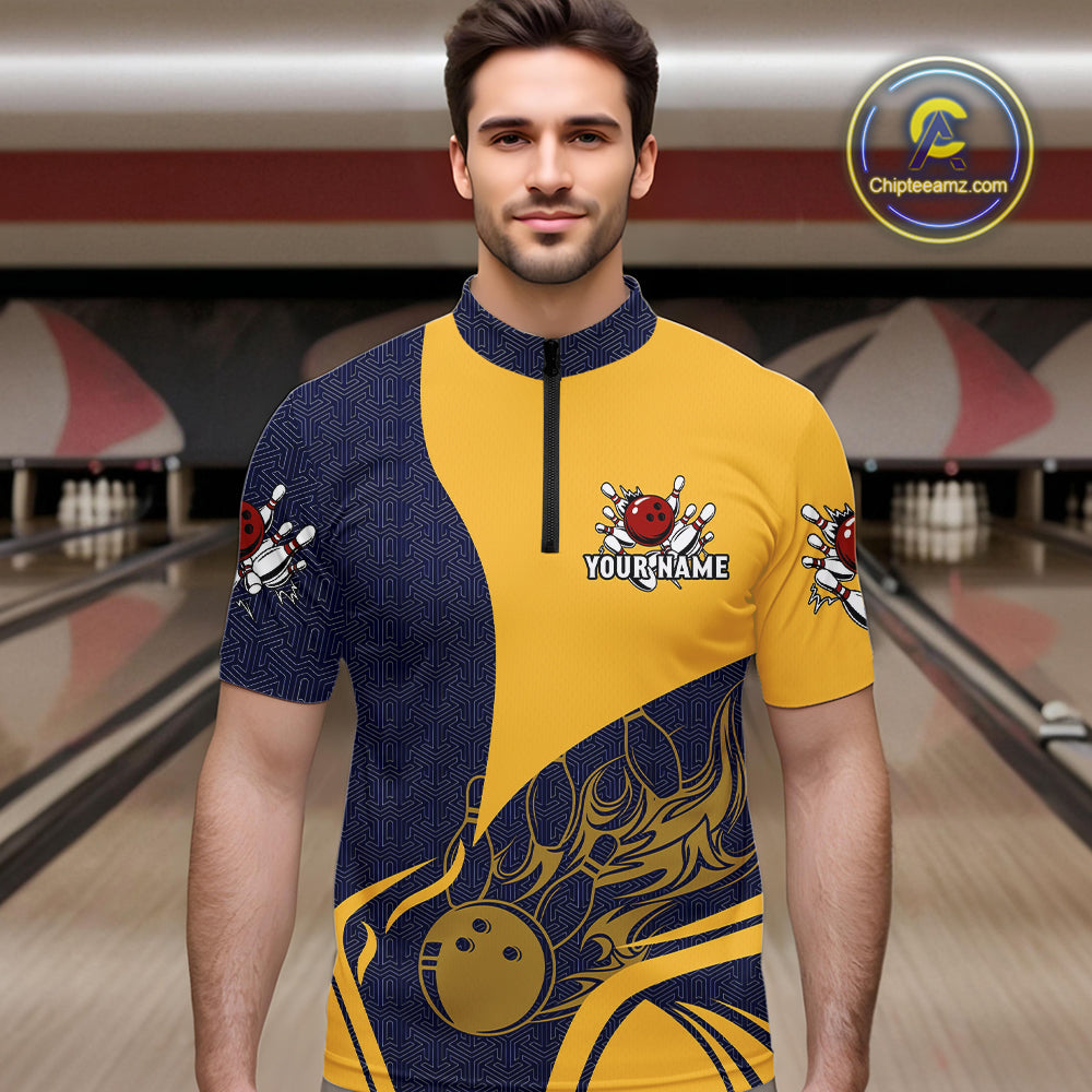 Blue and Yellow flame Bowling polo, 1/4 zip shirts for men custom Bowling team jerseys bowlers outfit NQS10983