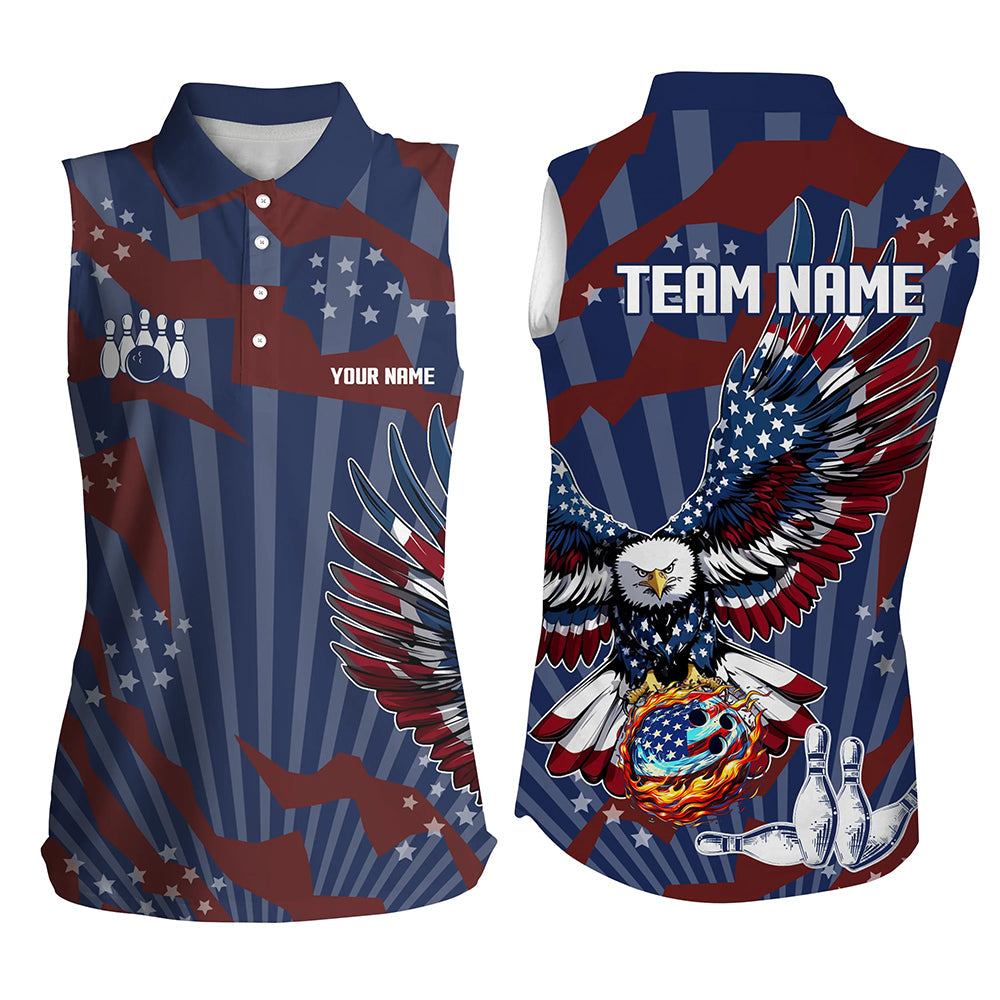 Personalized American Flag Eagle Bowling sleeveless polo Shirt Custom Patriotic Bowling Team Jerseys NQS9101