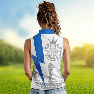 Blue and White Womens sleeveless golf polo shirt custom women golf attire, unique ladies golf apparel NQS9312