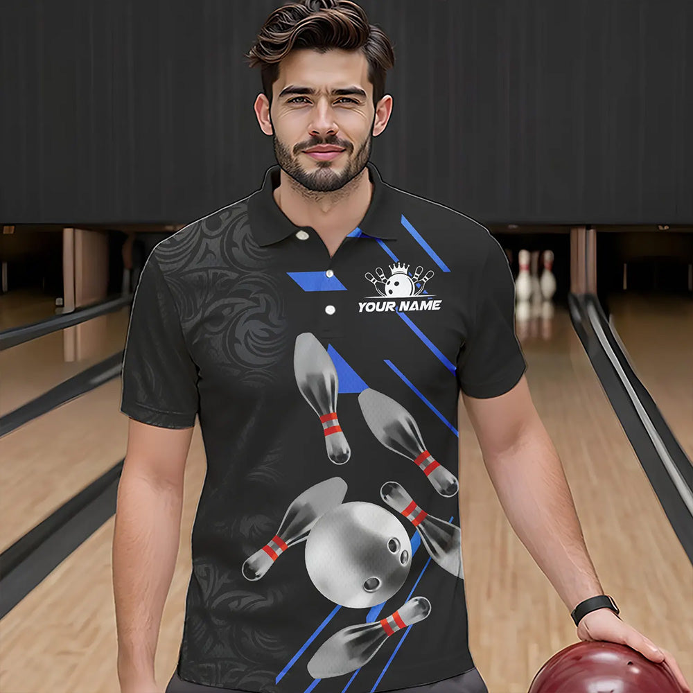 Silver Bowling Ball pins Team bowling shirts for Men custom bowling Polo, Quarter zip jersey | Blue NQS9624