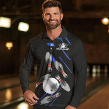 Load image into Gallery viewer, Silver Bowling Ball pins Team bowling shirts for Men custom bowling Polo, Quarter zip jersey | Blue NQS9624