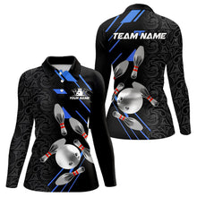 Load image into Gallery viewer, Silver Bowling Ball pins Team bowling shirts for women custom bowling Polo, Quarter zip jersey | Blue NQS9624