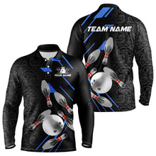 Load image into Gallery viewer, Silver Bowling Ball pins Team bowling shirts for Men custom bowling Polo, Quarter zip jersey | Blue NQS9624