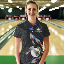 Load image into Gallery viewer, Silver Bowling Ball pins Team bowling shirts for women custom bowling Polo, Quarter zip jersey | Blue NQS9624