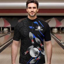 Load image into Gallery viewer, Silver Bowling Ball pins Team bowling shirts for Men custom bowling Polo, Quarter zip jersey | Blue NQS9624