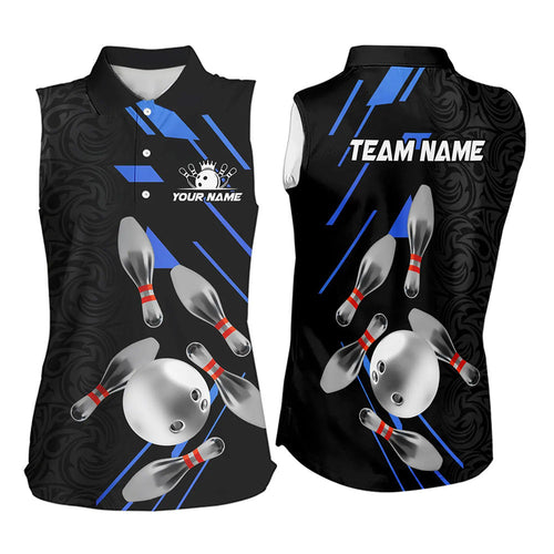 Silver Bowling Ball pins Team bowling shirts for Women custom bowling Sleeveless Polo jersey | Blue NQS9624