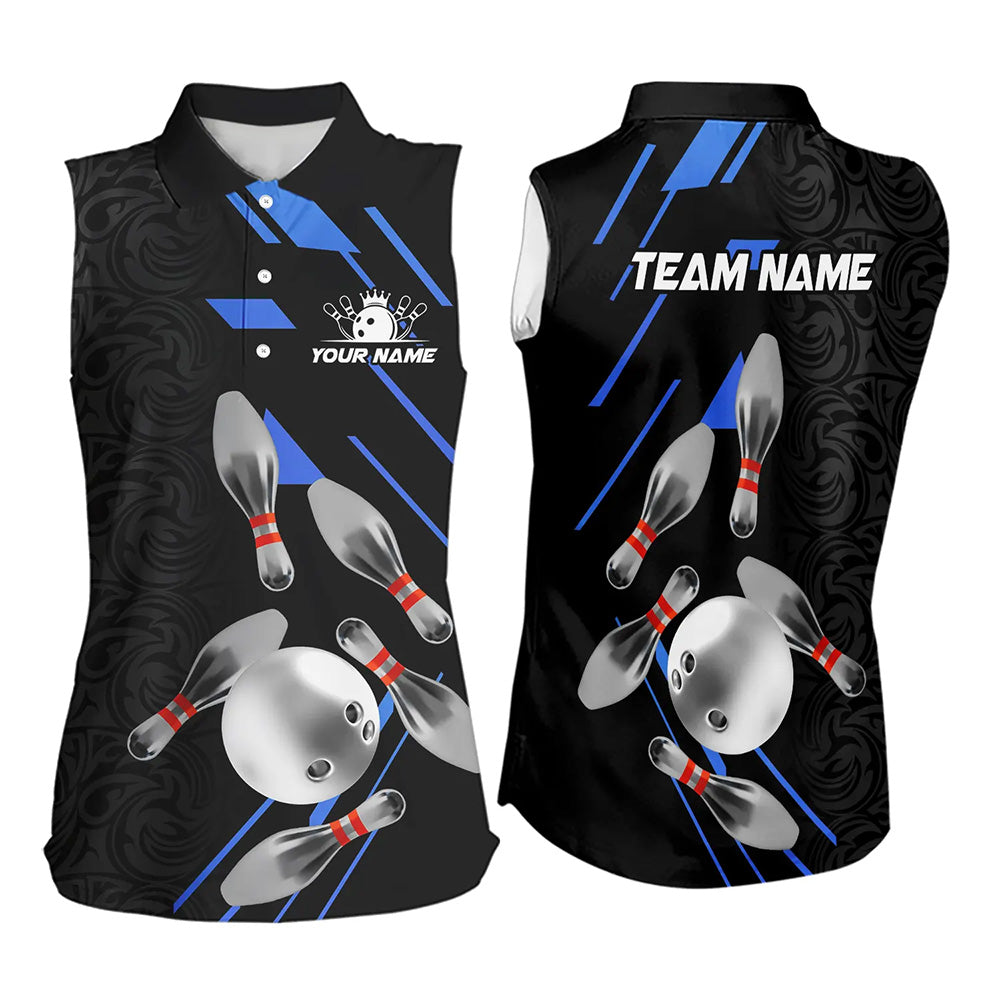 Silver Bowling Ball pins Team bowling shirts for Women custom bowling Sleeveless Polo jersey | Blue NQS9624