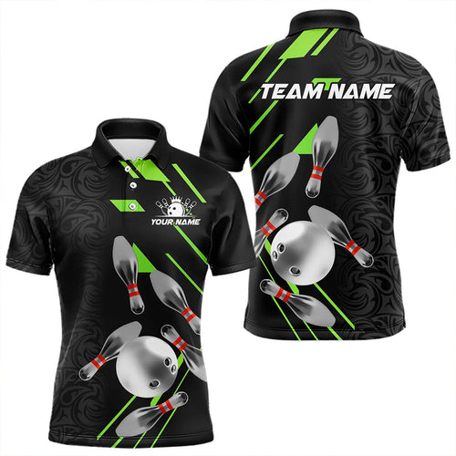 Silver Bowling Ball pins Team bowling shirts for Men custom bowling Polo, Quarter zip jersey | Green NQS9628