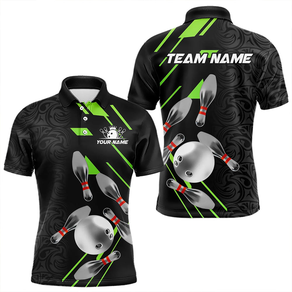 Silver Bowling Ball pins Team bowling shirts for Men custom bowling Polo, Quarter zip jersey | Green NQS9628