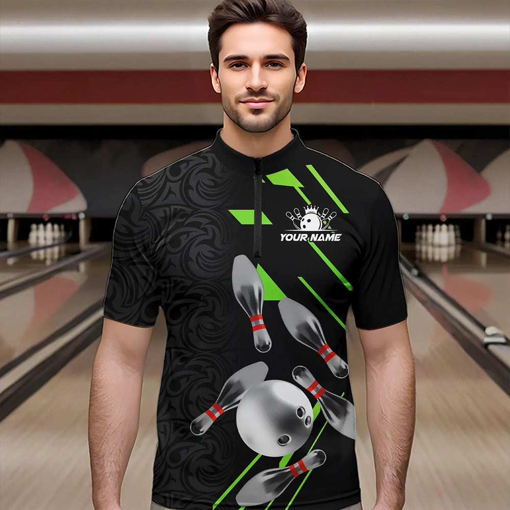Silver Bowling Ball pins Team bowling shirts for Men custom bowling Polo, Quarter zip jersey | Green NQS9628