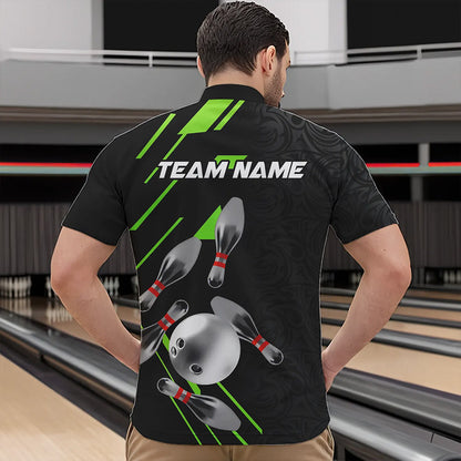 Silver Bowling Ball pins Team bowling shirts for Men custom bowling Polo, Quarter zip jersey | Green NQS9628