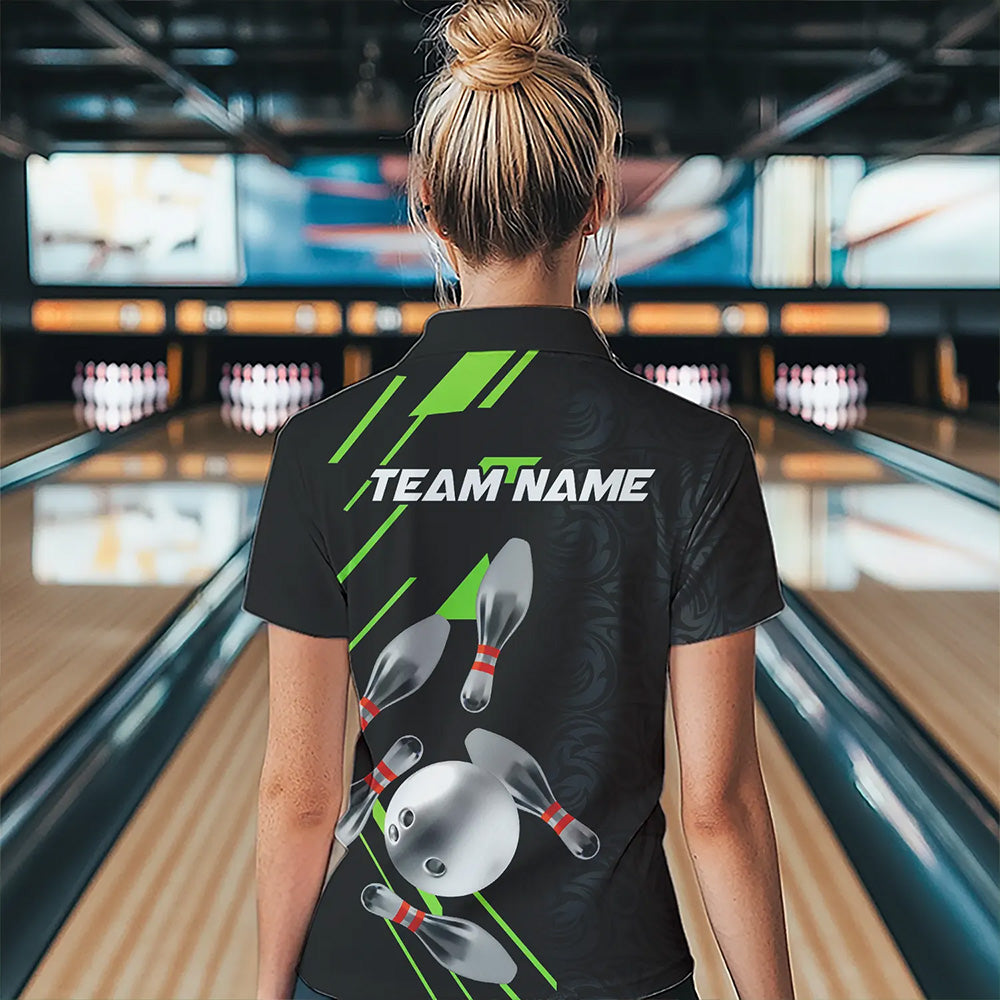 Silver Bowling Ball pins Team bowling shirts for women custom bowling Polo, Quarter zip jersey | Green NQS9628