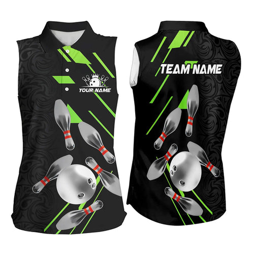 Silver Bowling Ball pins Team bowling shirts for Women custom bowling Sleeveless Polo jersey | Green NQS9628