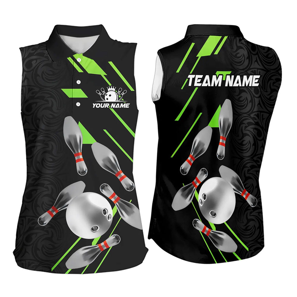 Silver Bowling Ball pins Team bowling shirts for Women custom bowling Sleeveless Polo jersey | Green NQS9628