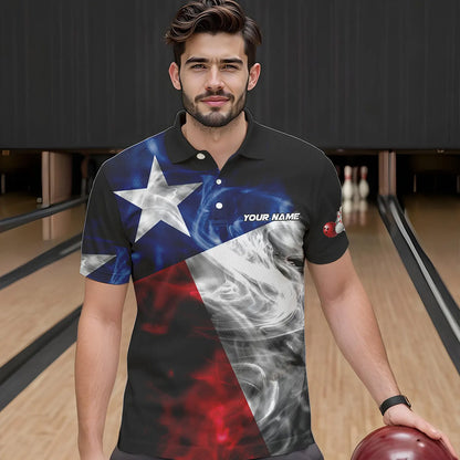 Smoke Texas Flag Black Bowling Polo, Quarter Zip shirt for men Custom patriotic Team bowling jersey NQS9631