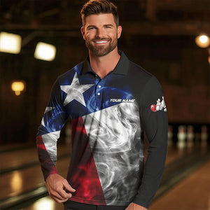 Smoke Texas Flag Black Bowling Polo, Quarter Zip shirt for men Custom patriotic Team bowling jersey NQS9631