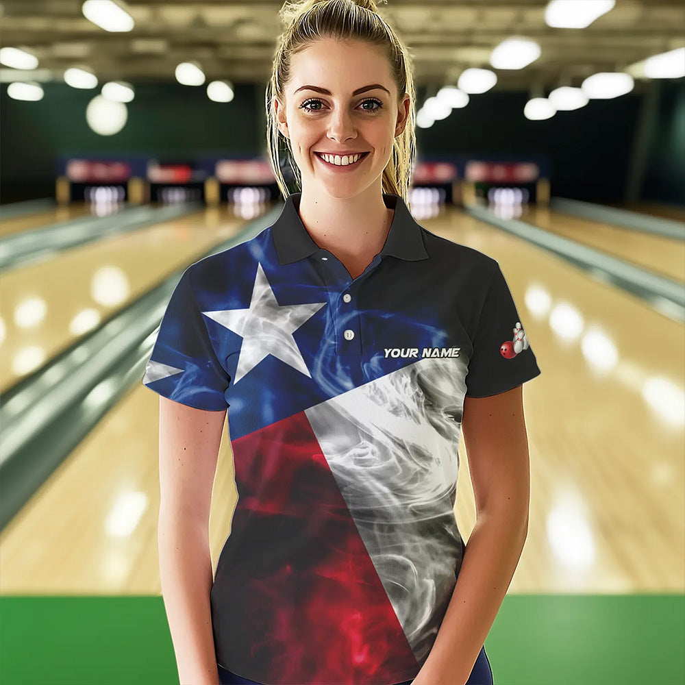 Smoke Texas Flag Black Women Bowling Polo, Quarter Zip shirt Custom patriotic Team bowling jersey NQS9631