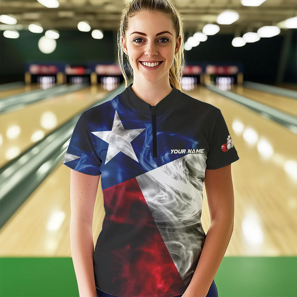 Smoke Texas Flag Black Women Bowling Polo, Quarter Zip shirt Custom patriotic Team bowling jersey NQS9631