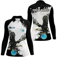 Load image into Gallery viewer, Black and white Women bowling polo shirts Custom Eagle Team bowling shirts, gift for bowlers | Blue NQS7404