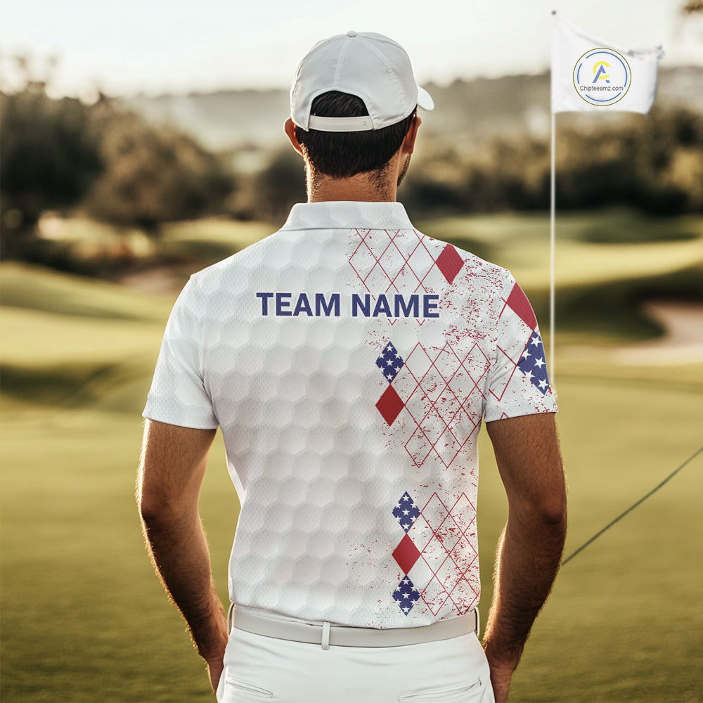 Red, White and Blue argyle American Flag Mens golf polo shirt custom patriotic golf apparel for men NQS9814
