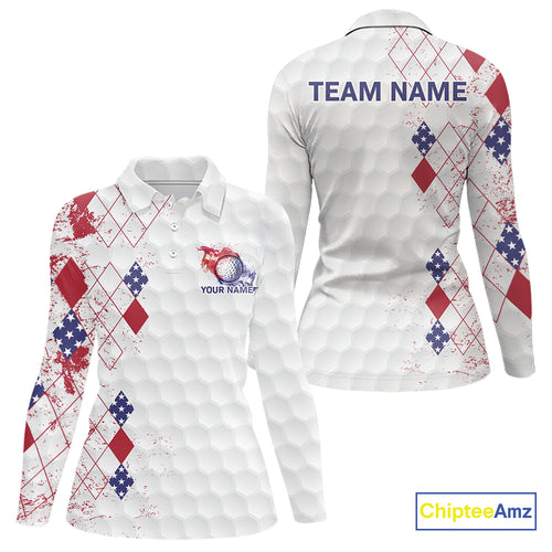 Red, White & Blue argyle American Flag Women golf polo shirt custom patriotic golf apparel for ladies NQS9814
