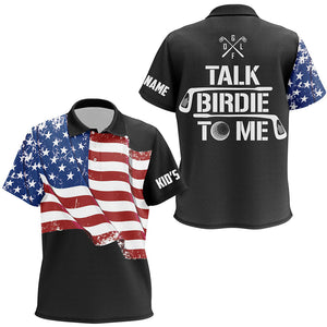 Funny Kid golf polo shirts custom American flag patriotic black golf shirts talk birdie to me NQS7726