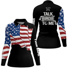 Load image into Gallery viewer, Funny Womens golf polo shirt custom American flag patriotic black golf shirts talk birdie to me NQS7726