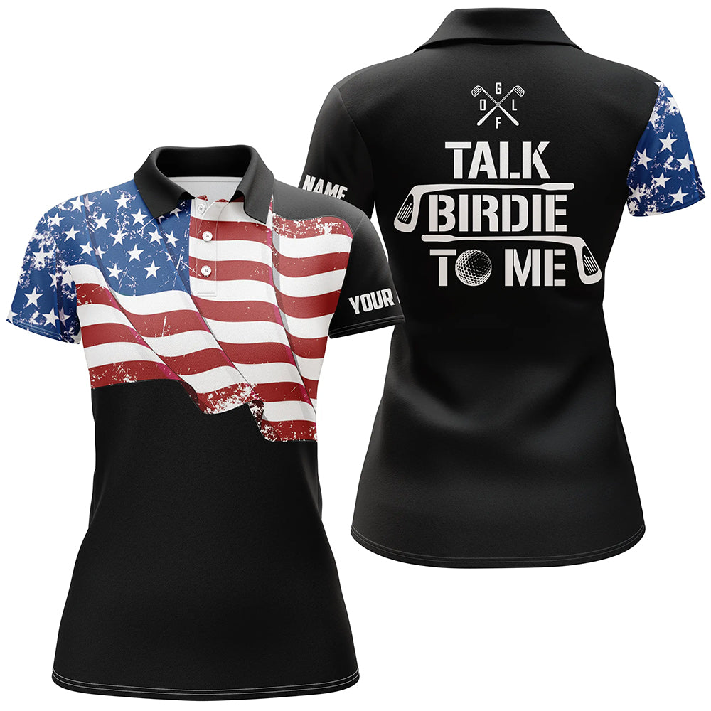 Funny Womens golf polo shirt custom American flag patriotic black golf shirts talk birdie to me NQS7726