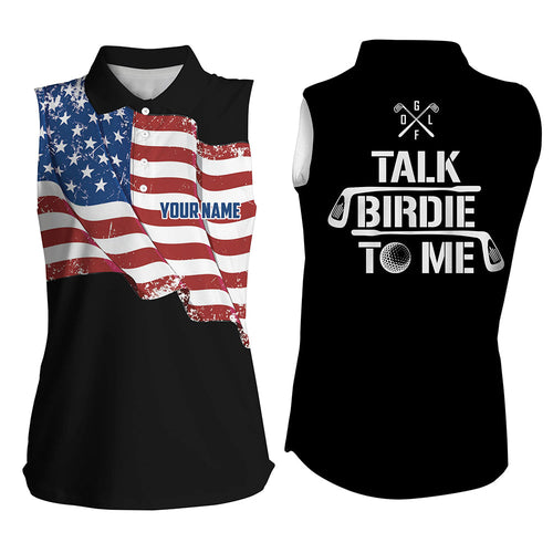 Funny Women sleeveless polo shirt custom American flag patriotic black golf shirts talk birdie to me NQS7726