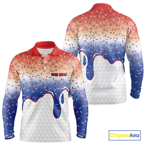 Red, white and blue dripping candy Mens Golf polo shirts Custom funny Golf attire For Mens NQS10058