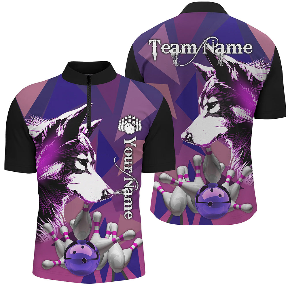 Purple Wolf Bowling Polo, Quarter Zip Shirts For Men Custom Bowling Team League Jerseys Bowler Outfit NQS8403