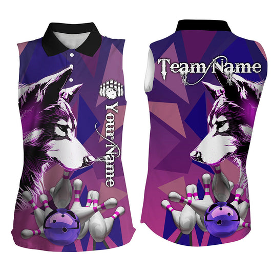 Purple Wolf Bowling Sleeveless Polo Shirt For Women Custom Bowling Team League Jersey Bowler Outfit NQS8403