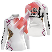 Load image into Gallery viewer, Funny Pink Leopard pattern White Women golf polo shirts custom Eat sleep golf repeat women golf attire NQS8408