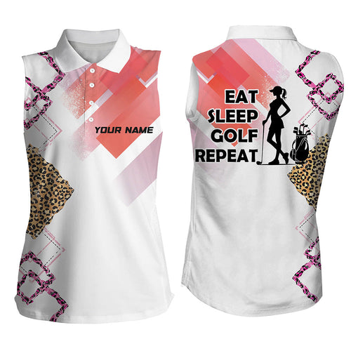 Funny Pink Leopard pattern White Sleeveless polo shirt custom Eat sleep golf repeat women golf attire NQS8408