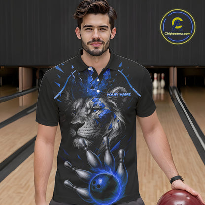 Custom Black and Blue Lion Bowling Polo, Quarter Zip shirts for Men, Lion Team Bowling Jerseys NQS10585
