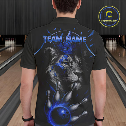 Custom Black and Blue Lion Bowling Polo, Quarter Zip shirts for Men, Lion Team Bowling Jerseys NQS10585