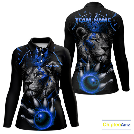Custom Black and Blue Lion Bowling Polo, Quarter Zip shirts for Women, Lion Team Bowling Jerseys NQS10585
