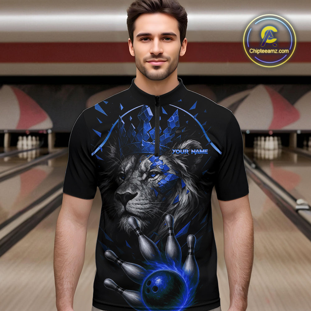 Custom Black and Blue Lion Bowling Polo, Quarter Zip shirts for Men, Lion Team Bowling Jerseys NQS10585