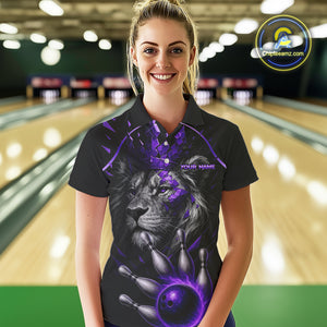Custom Black and Purple Lion Bowling Polo, Quarter Zip shirts for Women, Lion Team Bowling Jerseys NQS10586