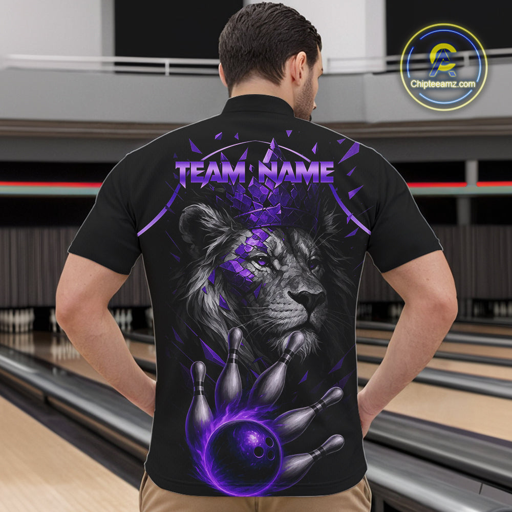 Custom Black and Purple Lion Bowling Polo, Quarter Zip shirts for Men, Lion Team Bowling Jerseys NQS10586