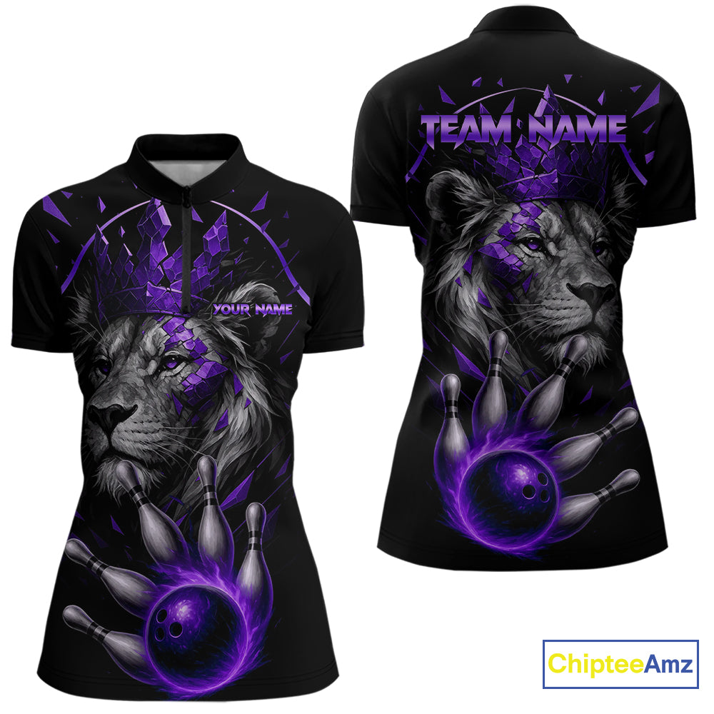 Custom Black and Purple Lion Bowling Polo, Quarter Zip shirts for Women, Lion Team Bowling Jerseys NQS10586