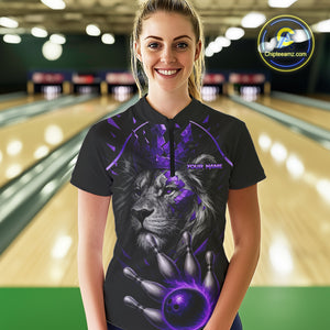 Custom Black and Purple Lion Bowling Polo, Quarter Zip shirts for Women, Lion Team Bowling Jerseys NQS10586
