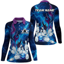 Load image into Gallery viewer, Blue Lightning Thunder Bowling Polo, 1/4 Zip Shirt For Women Purple Flame Custom Team Bowler Jerseys NQS8614