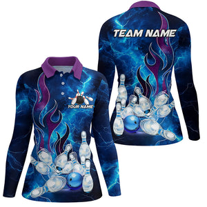 Blue Lightning Thunder Bowling Polo, 1/4 Zip Shirt For Women Purple Flame Custom Team Bowler Jerseys NQS8614